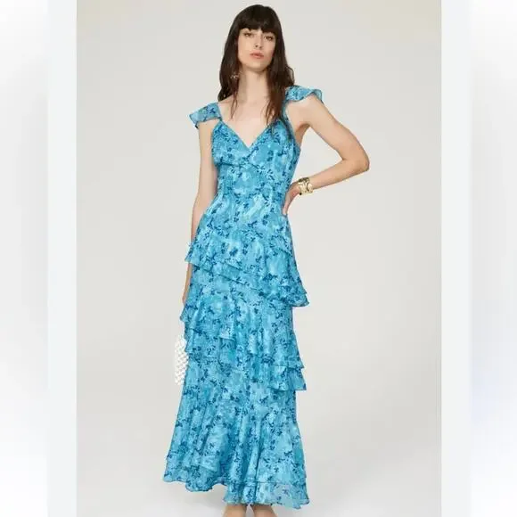 Hutch Blue Floral Ruffled Miah Gown Sz 2 MSRP $368